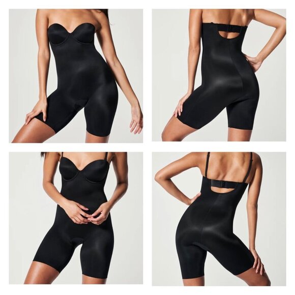 SPANX Suit Your Fancy Strapless Cupped Mid-Thigh Bodysuit Black Size Medium